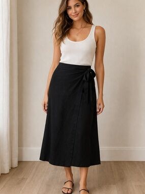 Ophelia Roe Black Wrap Skirt Size M Rayon Blend Tie Waist Midi